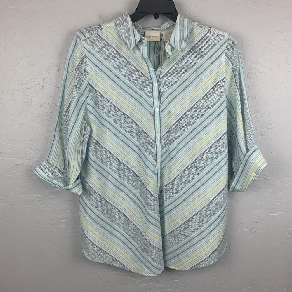 Chicos Shirt Womens Size 3 XL Cool Multi No Iron Linen Stripe Loop Back Tunic